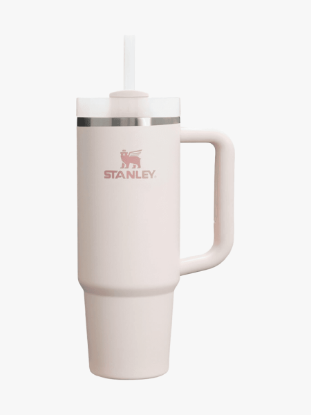 Stanley Cup in branded rose quartz variant on a light gray background