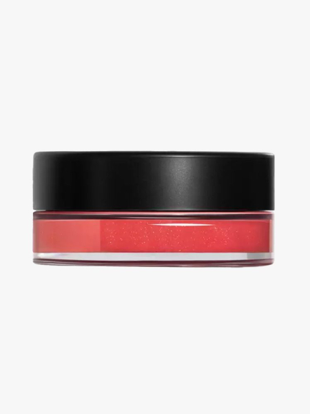 Chanel No 1 De Chanel Lip and Cheek Balm transparent jar of pink cheek balm with black lid on light gray background